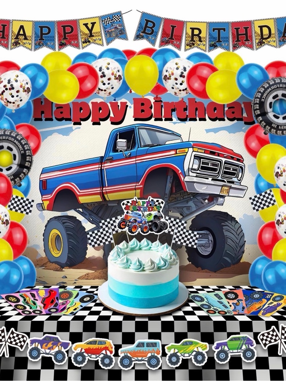 Birthday Monster Truck Party Backdrop and Balloon Kit - Blue, Red, Yellow